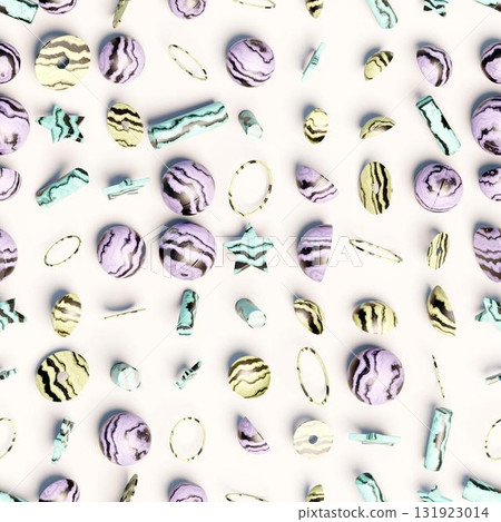 3d rendering. Seamless pattern of different geometric shapes scattered at random. 131923014
