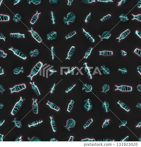 3D rendering. Seamless pattern of marble vases with neon glowing stripes scattered at random on a dark background. 3D rendering. Seamless pattern of marble vases with neon glowing stripes scattered at random on a dark background. 131923020
