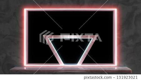 3d rendering. A marble wall with a niche and chambers in it, illuminated with neon light. 131923021