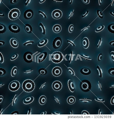 3d rendering. Seamless pattern of alien spaceships randomly scattered on a dark background in neon light. 131923039