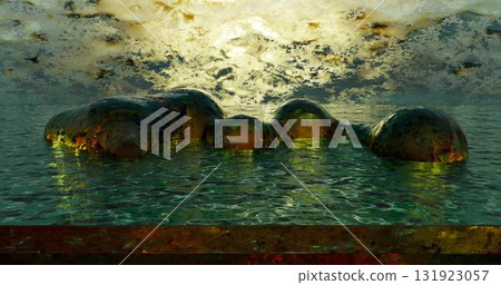 3d rendering. An abstract image of ice spheres merged with an icy surface against the backdrop of the rising sun. 131923057