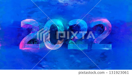 3d rendering. The new year 2022 is cut out in a piece of ice with different colors of neon lighting. 131923061