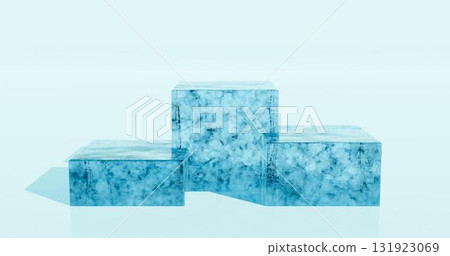 3D rendering. A podium or stand made of a solid piece of rectangular blue ice on a light background in neon light. Background for the studio. 3D rendering. A podium or stand made of a solid piece of rectangular blue ice on a light background in neon light. Background for the studio. 131923069