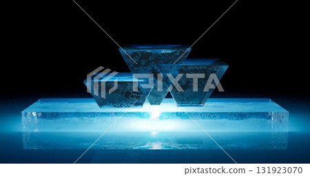 3D rendering. A podium or stand made of a solid piece of ice triangular in blue on a dark background in neon light. Background for the studio. 131923070