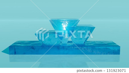 3D rendering. A podium or stand made of a solid piece of blue triangular ice on a light background in neon light. Background for the studio. 131923071