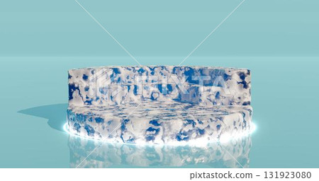 3D rendering. A podium or stand made of a solid piece of ice of a round shape in blue on a light background in neon light. Background for the studio. 131923080