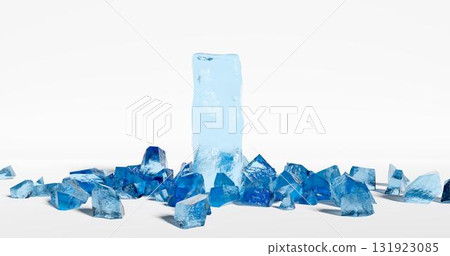 3d rendering. Pieces of blue transparent ice on a white isolated background are scattered over the surface. Element for your design. 131923085