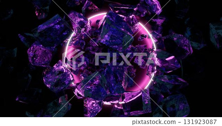 3d rendering. Chunks of ice falling down surrounded by ultraviolet neon light. Background for your design. 131923087
