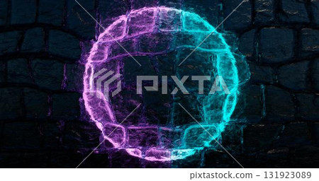 3d rendering. Wall with the texture of brickwork from ice in neon light from a round lamp. Frame for your design 131923089