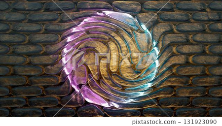 3d rendering. Wall with the texture of brickwork from ice in neon light from a round lamp. Frame for your design 3d rendering. Wall with the texture of brickwork from ice in neon light from a round lamp. Frame for your design 131923090