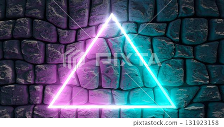 3d rendering. Brick wall illuminated by neon pink light from spotlights. Abstract background Light effect on a serving surface. 3d rendering. Brick wall illuminated by neon pink light from spotlights. Abstract background Light effect on a serving surface. 131923158