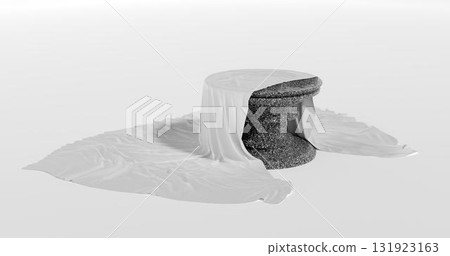 3d rendering. A round marble stone table casually covered with a white cloth on a light isolated background. 3d rendering. A round marble stone table casually covered with a white cloth on a light isolated background. 131923163