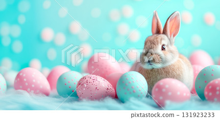 Adorable bunny surrounded by pink and blue Easter eggs, resting on fluffy surface against bright bokeh background. Perfect for Easter-themed campaigns, festive cards, or family-friendly promotions 131923233