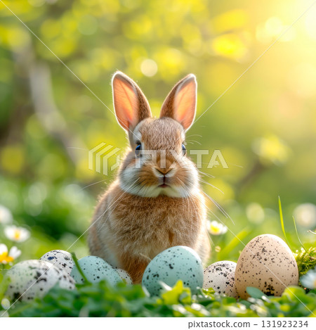 Easter Holiday. Cute bunny sitting on fresh spring grass surrounded by speckled Easter eggs, bathed in warm sunlight. Concept of Easter celebrations, renewal, and festive seasonal traditions 131923234