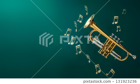 Music background. Golden trumpet with floating musical notes on green background with ample copy space. Perfect for promoting jazz concerts, music classes, brass instrument sales, or cultural events 131923236