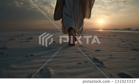 Man walks along the shore at sunset, reflecting on his journey towards faith and connection with God 131923337
