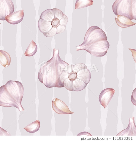 Seamless pattern featuring watercolor garlic bulbs and cloves scattered over soft vertical stripe background. Design for kitchen textile, restaurant decor or cooking blog background Seamless pattern featuring watercolor garlic bulbs and cloves scattered over soft vertical stripe background. Design for kitchen textile, restaurant decor or cooking blog background 131923391