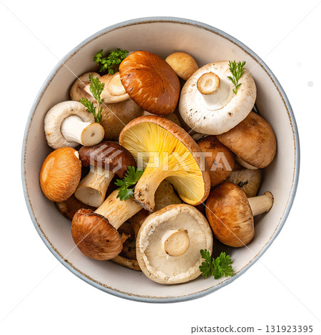 Wooden bowl filled with different forest mushrooms - porcini, chanterelles, and more, isolated on transparent background Wooden bowl filled with different forest mushrooms - porcini, chanterelles, and more, isolated on transparent background 131923395