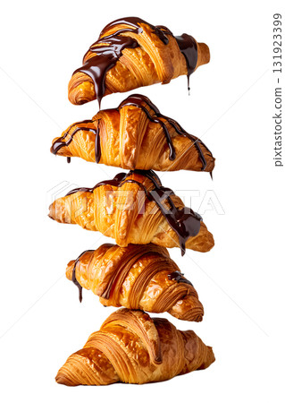 Tall stack of golden brown croissants with rich, dripping chocolate glaze, delicious pastry isolated on transparent background Tall stack of golden brown croissants with rich, dripping chocolate glaze, delicious pastry isolated on transparent background 131923399