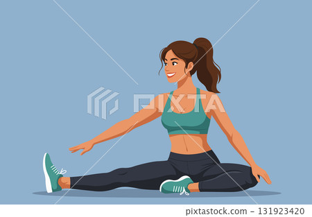 Smiling woman seated forward leg stretch 131923420