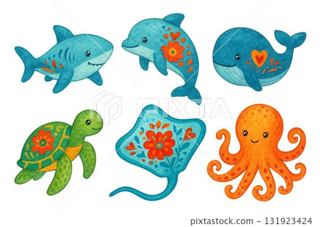 Cute watercolor nautical set, color sea creatures collection. Ocean animals clipart, colorful water fauna, traced vector. Shark, dolphin, whale, turtle, stingray, octopus with floral elements 131923424