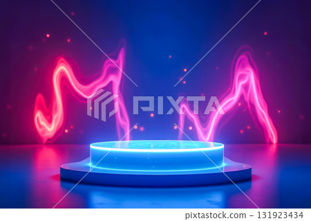 Empty futuristic glowing platform for montage your products with neon blue and pink light streaks on dark background. Ideal for tech showcases, gaming aesthetics, or digital product presentations Empty futuristic glowing platform for montage your products with neon blue and pink light streaks on dark background. Ideal for tech showcases, gaming aesthetics, or digital product presentations 131923434