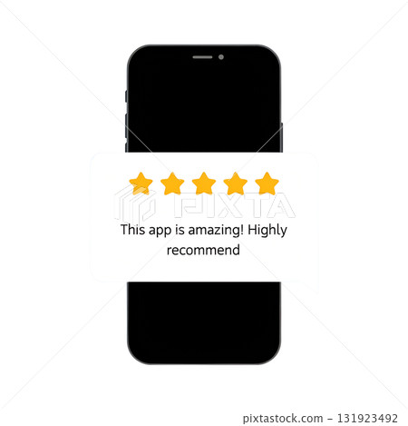 Smartphone with five golden stars displayed on the screen, 3d render of positive rating isolated on transparent background 131923492