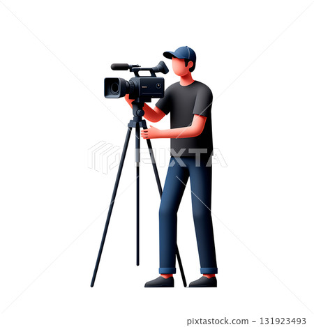 3d cartoon character of filmmaker with a camera, isolated on transparent png for media, technology, or career concepts 131923493