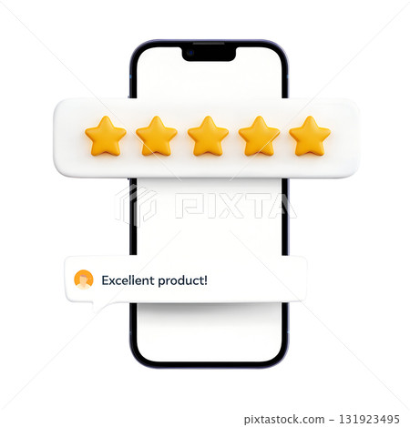 3d render of a mobile phone showing five star customer review, positive feedback and app rating concept 3d render of a mobile phone showing five star customer review, positive feedback and app rating concept 131923495