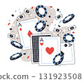 Gambling concept. Online casino with cards and chips, internet poker game flat vector illustration. Isolated gambling scene 131923508