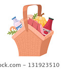 Grocery basket. Wicker basket full of food, snack hamper basket, beverage, dining, dish wicker baskets flat vector illustration. Handle picnic basket on white 131923510
