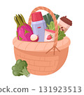 Handle hamper basket. Wicker grocery basket full of food and beverage, dining, snack dish wicker baskets flat vector illustration. Cartoon picnic basket on white 131923513