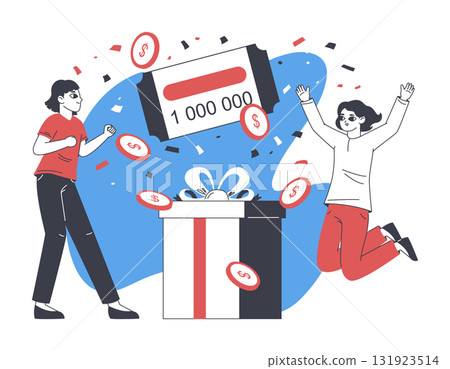 Happy gambling winners. Lucky people win at casino roulette games, gamers with money prize flat vector illustration. Cartoon cheerful gamers win 131923514