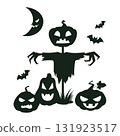 Pumpkin head scarecrow monster. Halloween garden scarecrow with carved jack-o-lanterns, spooky flat vector illustration. Cartoon scarecrow silhouette 131923517
