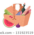Snack hamper basket. Wicker grocery basket full of food and beverage, dining, dish wicker baskets flat vector illustration. Handle picnic basket on white 131923519