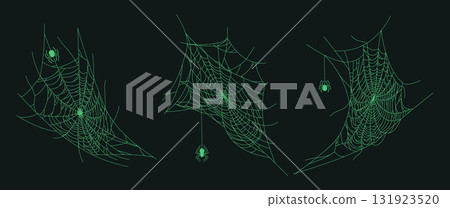 Spider cobweb decor. Halloween horror hanging spider web, spooky October party flat vector illustration set. Cartoon Halloween spider web Spider cobweb decor. Halloween horror hanging spider web, spooky October party flat vector illustration set. Cartoon Halloween spider web 131923520