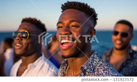 A Happy Smiling Man Wearing a Colorful Tropical Shirt Enjoys a Fun Summer Boat Party with Friends and Drinks 131923572