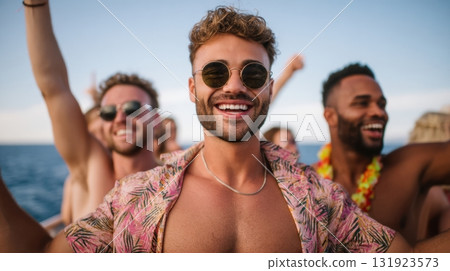 A Happy Smiling Man Wearing a Colorful Tropical Shirt Enjoys a Fun Summer Boat Party with Friends and Drinks 131923573