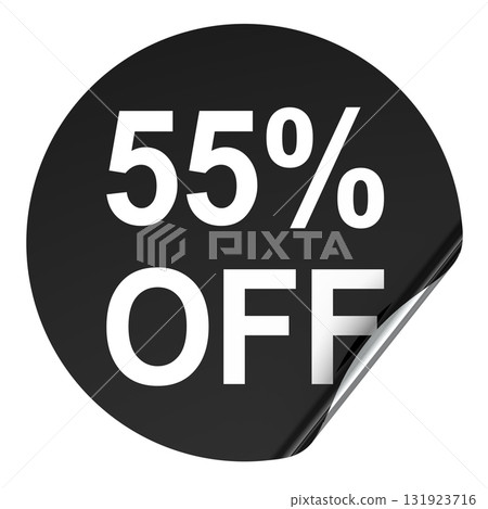 Discount sticker 55 percent off, black sticker with curled corner. 3D rendering 131923716