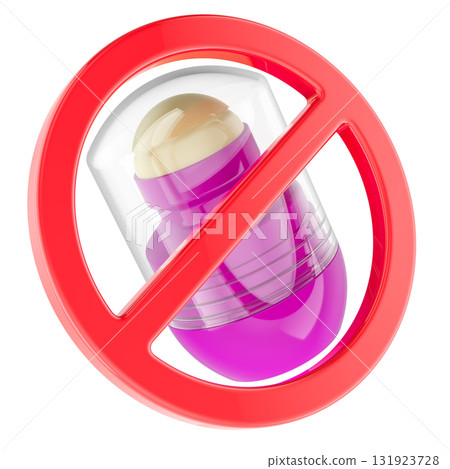 Roll-on deodorant crossed with red prohibition sign. 3D rendering 131923728