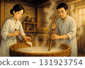 身穿白大褂的男女在釀造濁酒——日本傳統的清酒釀造場景 131923754