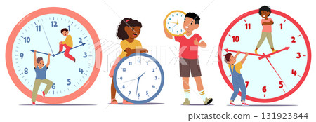 Cute cartoon kids holding clock learning time, punctuality, exploring numbers and hours isolated set 131923844