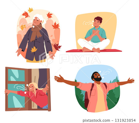 Diverse people breathing fresh clean air indoors and outdoors, relaxing and enjoying nature set 131923854