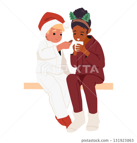 Little kids wearing Christmas pajamas eating cookies and drinking milk isolated on white background 131923863
