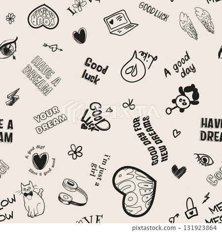 Seamless pattern for teenage girls with inscriptions and sketches in vector for textiles 131923864