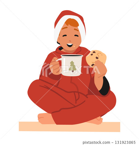 Happy smiling boy child cartoon character tasting Christmas gingerbread cookies drinking milk 131923865