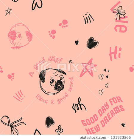 Seamless pattern with graphics Elements sketch pug, hearts, text hearts for textiles and girly surface design on vector 131923866