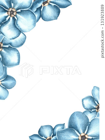 Frame of blue forget-me-not flowers. Hand-drawn watercolor illustration. For greeting cards and invitations for birthdays, anniversaries, or weddings. For packaging, labels, posters, and more. 131923889