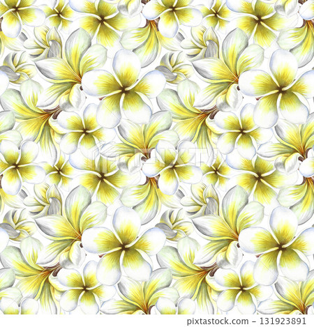 Seamless pattern with plumeria and frangipani flowers. A hand-drawn watercolor illustration. For textiles, wallpapers and backgrounds. For packaging paper and labels, printing and decoration. 131923891