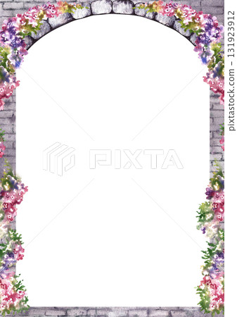 Arch frame with brick texture decorated with flowers. Hand-drawn watercolor illustration. Design element in the style of Provence. For invitation and greeting cards, poster, label, packaging and more 131923912